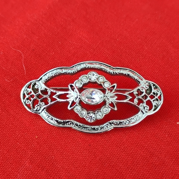 Vintage Downton Abbey Silver-tone Crystal Edwardian Oval Brooch - Picture 3 of 6